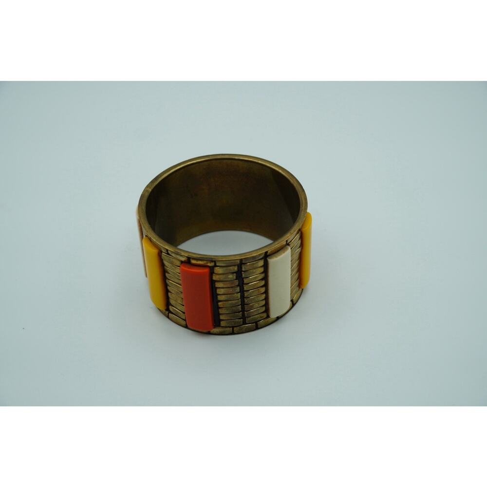 Vintage Mod Brass Wide Cuff Bracelet w/ Retro Color Panels Orange Yellow Cream